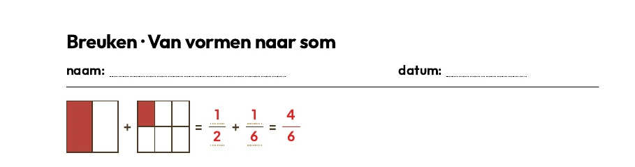 Het blokje Van vormen naar som op papier: twee gekleurde vormen met daaronder de som die het kind zelf moet opschrijven, in het rood ingevuld door de antwoordsleutel.