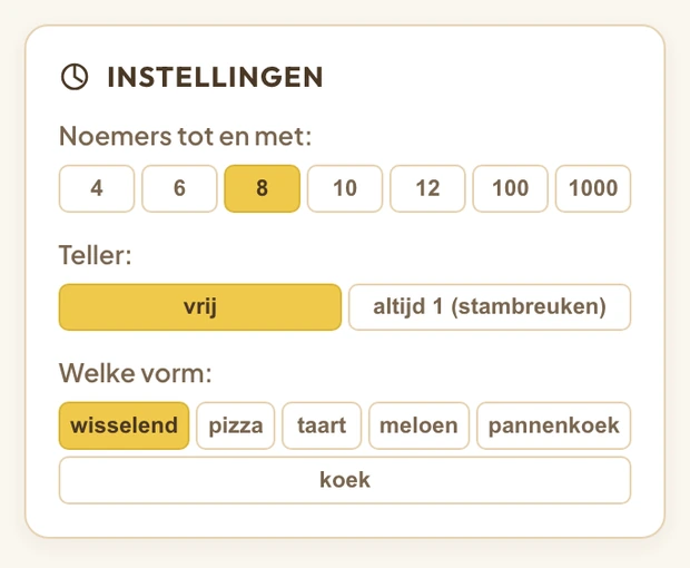 De instellingen in de zijbalk: Noemers tot en met met de keuzes 4 tot 1000, Teller met vrij of altijd 1, en Welke vorm.