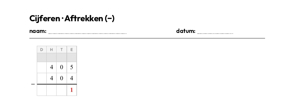 Een blad met vier aftrekkingen in het DHTE-rooster, met de antwoordsleutel aan: de uitkomsten en de geleende cijfers staan in het rood.