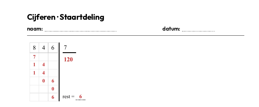 Een staartdeling op papier met de antwoordsleutel aan: het quotiënt, de deelproducten en de verschilrijen staan in het rood ingevuld.