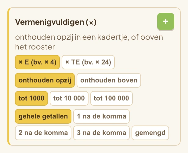 De kaart Vermenigvuldigen met de chips × E en × TE, daaronder de keuze onthouden opzij of onthouden boven, en de rekengebieden.
