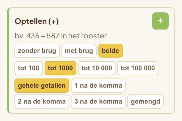 De kaart Optellen met drie rijen chips: zonder brug, met brug of beide; tot 100 tot tot 100 000; en gehele getallen tot 3 na de komma.