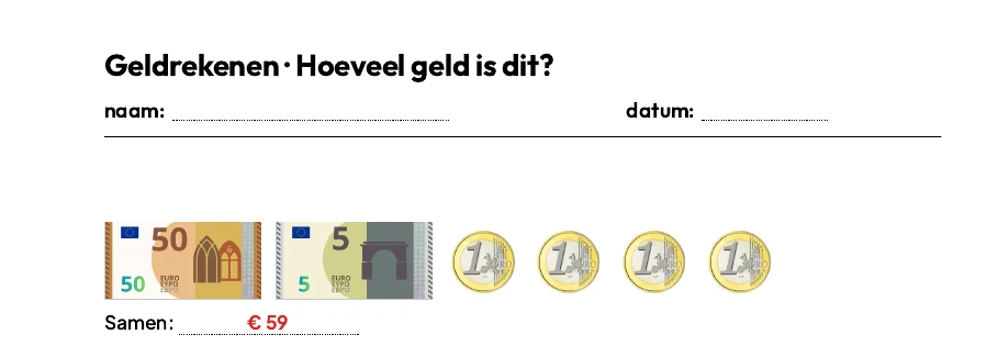 Een geldoefening op papier: een rij biljetten en munten met de invulregel Samen erbij, en het bedrag in het rood ingevuld door de antwoordsleutel.