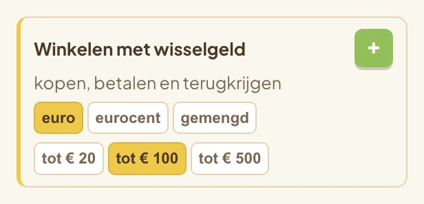 De kaart Winkelen met wisselgeld met de chips voor de moeilijkheid, van euro tot gemengd, en het maximumbedrag.