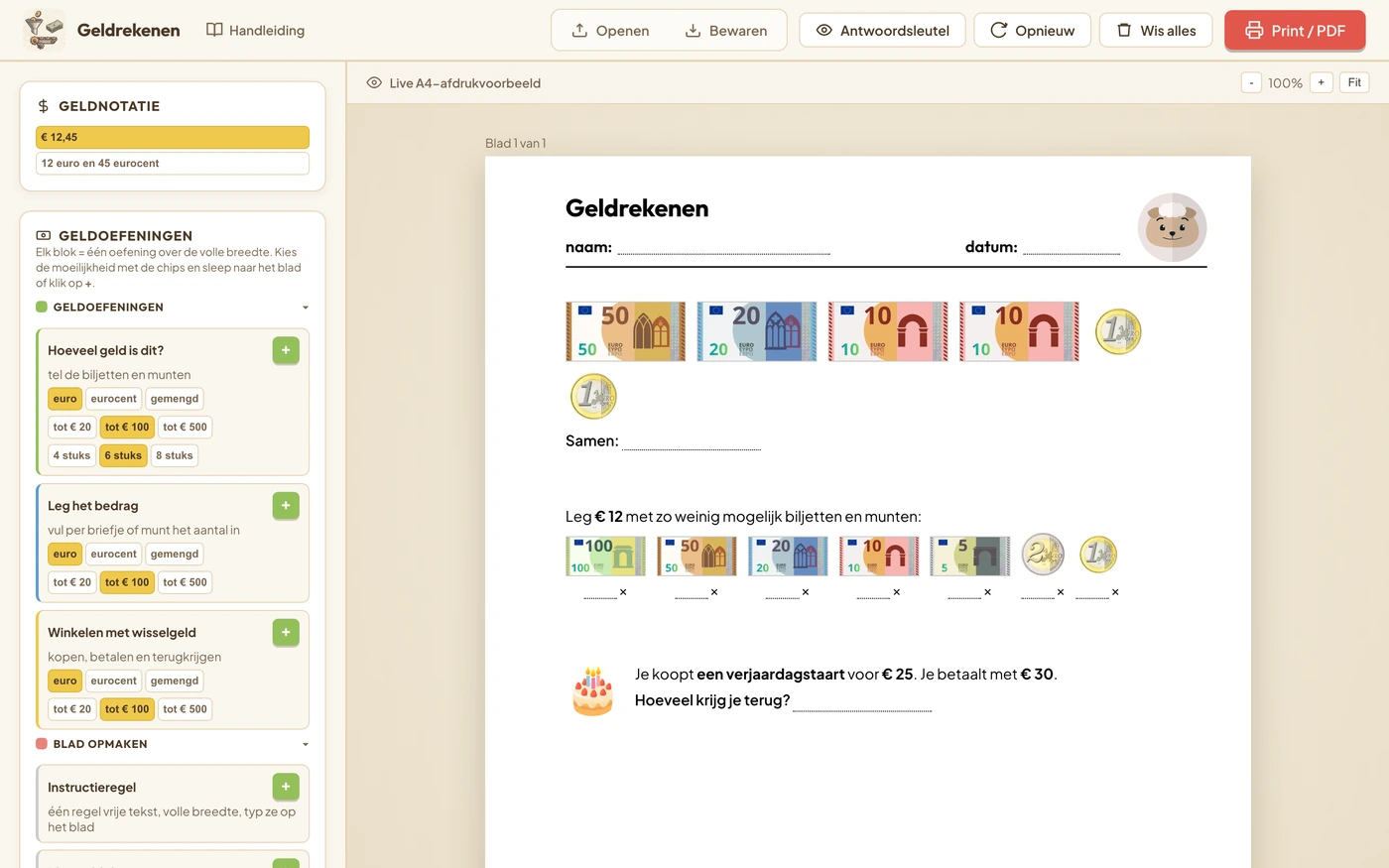 De geldmodule: links de geldnotatie en het palet met de kaarten Hoeveel geld is dit, Leg het bedrag en Winkelen met wisselgeld, rechts het werkblad met biljetten en munten.
