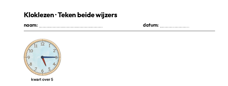 Vier klokken op papier waarbij het kind de wijzers moet tekenen, met de antwoordsleutel aan: de wijzers staan er in het rood bij.