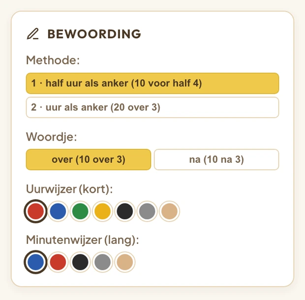 De instellingen in de zijbalk: het anker half uur of uur, de keuze tussen over en na, en de kleuren van de uurwijzer en de minuutwijzer.