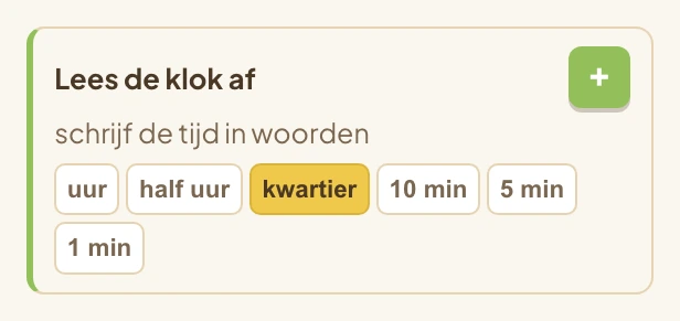 De kaart Lees de klok af, met de resolutiechips uur, half uur, kwartier, vijf minuten en minuut.