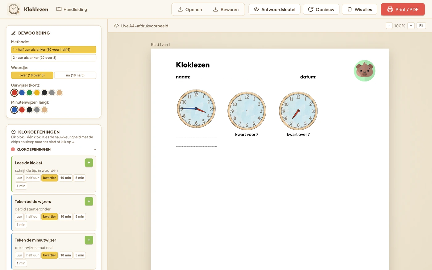 De klokmodule: links de bewoording en het palet met de kaarten Lees de klok af en Teken de wijzers, rechts het werkblad met klokken erop.