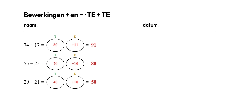 Drie cirkeloefeningen op papier met de antwoordsleutel aan: boven elke cirkel staat de rang in haar eigen kleur, de tussenstappen staan in het rood in de cirkels.