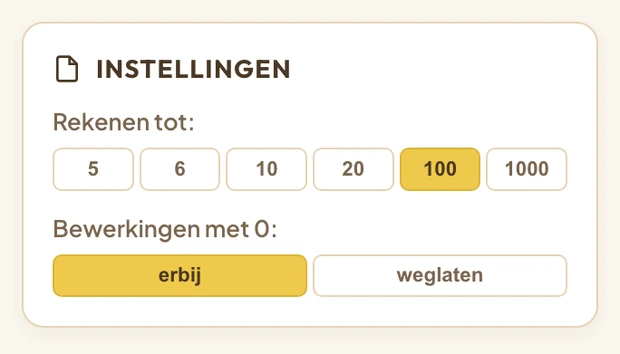 De instellingen in de zijbalk: Rekenen tot met de keuzes 5, 6, 10, 20, 100 en 1000, en daaronder Bewerkingen met 0: erbij of weglaten.