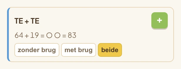 De kaart TE + TE uit de groep Cirkelrekenen plus, met de brugchips zonder brug, met brug en beide.