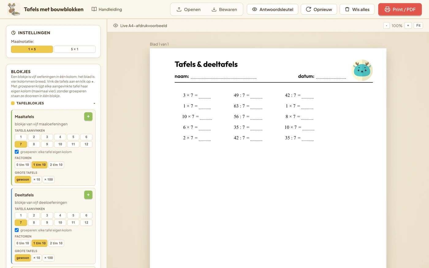 De tafelmodule: links de maalnotatie en het palet met de kaarten Maaltafels, Deeltafels en Geef de sprongen, rechts het werkblad met tafelkolommen.